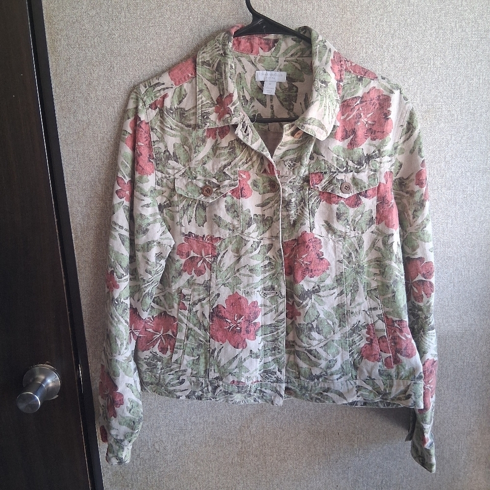 100% Linen Floral Button Up Jacket Wood Buttons Petite Med sustainable summer